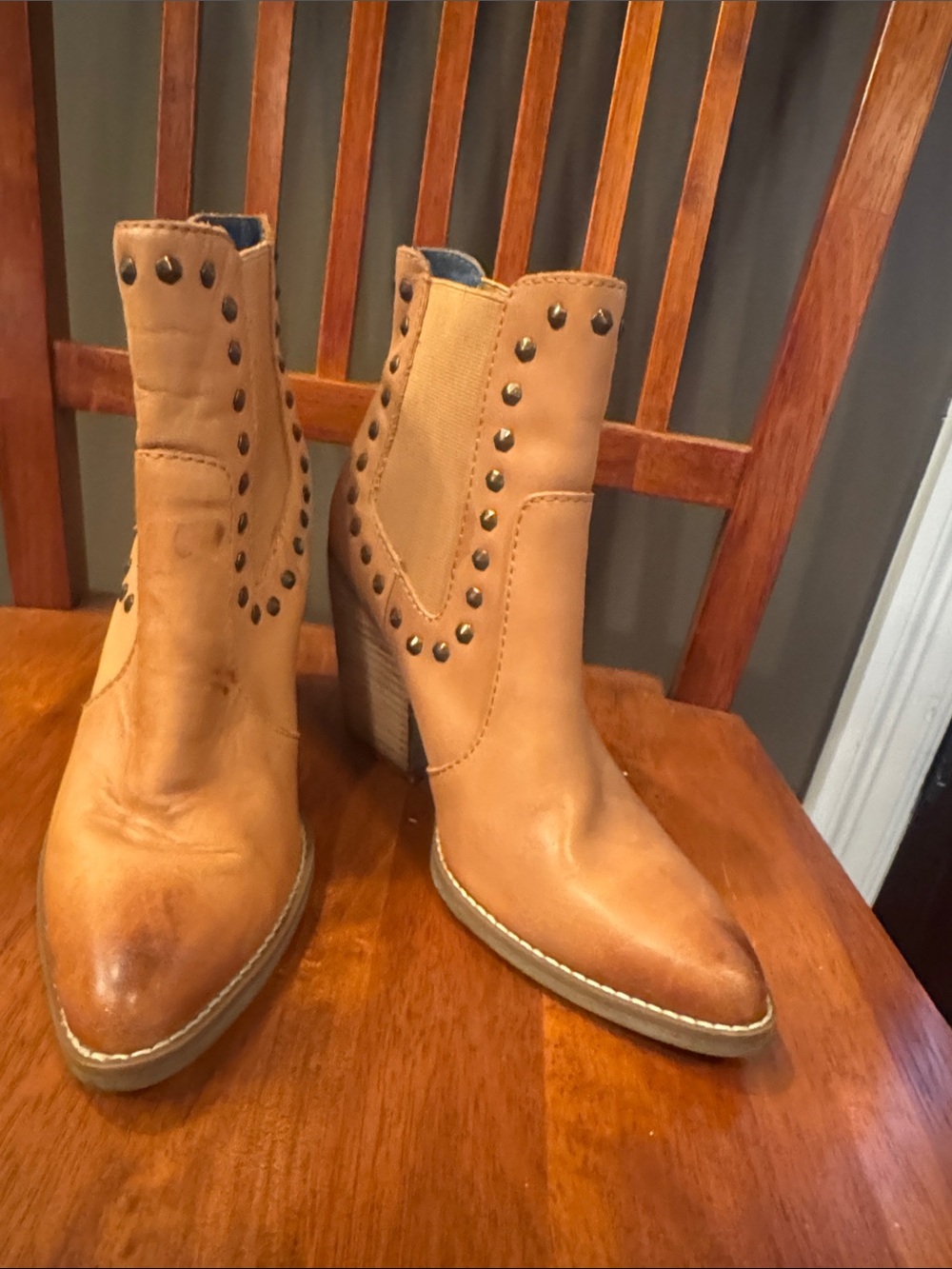 dingo Tan Studded Pointed-Toe Ankle Booties